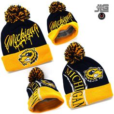 "Michigan Fans Features Premium Michigan Skull Cap Hurricane With Pom on Top Material- 100% Acrylic. It is a stretchable and quality beanie. Adult Size - One size fits Most. It fits almost all sizes of Men and Women. Give you a comfortable and relaxed fit. (Approx. 9\" x 11\" when unfolded) Detail - Drip City and Hurricane Michigan name and Angry Head Wolverines Embroidery on the front and Cuff. 3 inches pompom on the top. GREAT VALUE - WITH FAST SHIPPING" Skull Cap Beanie, Skull Cap, Winter Hat, Caps Hats, Michigan, Accessories Hats, Winter Hats, Pom Pom, Cuff