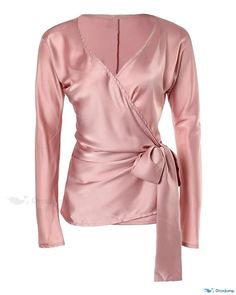 OrcaJump - Sophisticated Satin Blouse with Elegant Tie Detail and Long Sleeves Satin Long Sleeve Top, Blouse Size Chart, Satin Long Sleeve, Chic Type, Estilo Chic, Blouse Material, Satin Blouse, Business Outfits, Long Tops