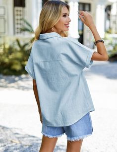 Women's Cotton Linen Shirts V-Neck Front Pocket Short Sleeve Loose Blouse Shirt Blue V-neck Top With Pockets, Cotton V-neck Shirt In Solid Color, Cotton V-neck Shirt With Pockets, V-neck Tops With Pockets For Vacation, Casual Solid Color V-neck Top For Summer, Casual Solid Color V-neck Shirt, Solid Color V-neck Blouse For Summer, V-neck Solid Color Summer Blouse, Summer V-neck Shirt With Pockets