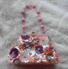 vintage small hand beaded purse covered in sequins and beads strap or handle 5" tall 7" wide at bottom inside pink satin with pocket is excellent no flaws period. Beads Strap, Purse Covers, Tiny Purse, Birthday Aesthetic, Bridal Purse, Aesthetic Ideas, Beaded Purses, Beaded Bags, Small Purse