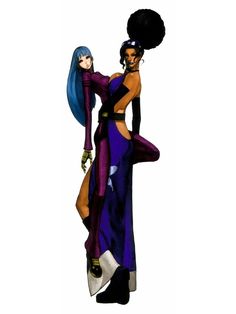 two women dressed in different colored outfits, one with blue hair and the other wearing black