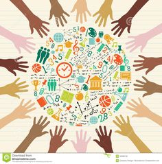 many hands reaching out to each other in the middle of a circle with various icons on it