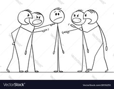 three cartoon people standing in front of each other with one pointing at the other's head