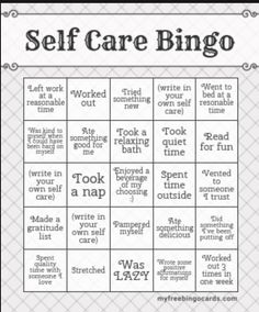 a printable self care game with the words self care bingo written in black and white