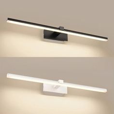 two different angles of a wall light with dim lighting on it and below the lights