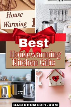 the best housewarming kitchen gifts are on display in this postcard collage