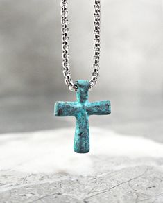 "《《 THE MINI PENDANT COLLECTION 》》 THE DETAILS The \"MYKONOS CROSS\" Necklace is designed with an exquisitely detailed Hand Painted Kiln Fired Turquoise Mykonos Ceramic Raku Cross Pendant, hung from a Silver Stainless Steel Box Chain available in your choice of length!! 🔷️💠🔷️View our entire MINI PENDANT COLLECTION here: https://www.etsy.com/shop/mrmackjewelry/?etsrc=sdt&section_id=38324997 MATERIALS * 1\" × 1/2\" Turquoise Mykonos Ceramic Raku Cross Pendant * 2mm Silver Stainless Steel Round Cross Pendant Necklace Men, Turquoise Cross Necklace, Necklace Length Chart, Stainless Steel Chain Necklace, Turquoise Cross, Jewelry Care Instructions, Jewelry Lookbook, Men's Necklace, Cross Pendant Necklace