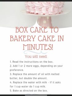 a cake with pink frosting on top and instructions to bake it in minutes