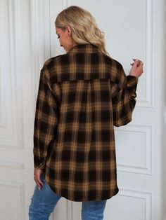 Women's Plaid Shirt Lapel Long Sleeve Check Shirt Oversize Plaid Shirt Jacket Casual Collar Brown Top For Fall, Brown Casual Collar Top For Fall, Long Sleeve Flannel Shirt With Pockets For Fall, Fall Long Sleeve Flannel Shirt With Pockets, Oversized Brown Shirt With Button Closure, Long Sleeve Shirt With Button Closure For Fall, Brown Oversized Button-up Top, Fall Long Sleeve Shirt With Button Closure, Brown Casual Collar Shirt For Fall