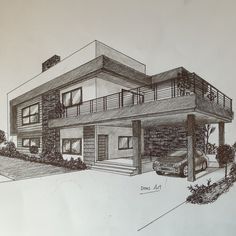 a drawing of a house with a car parked in front