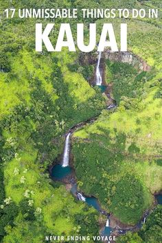 an aerial view of a waterfall in the middle of a lush green forest with text overlay