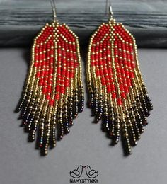 Leaf Red Long earrings Autumn Chandelier beaded earrings Gold | Etsy Traditional Red Beaded Chandelier Earrings, Elegant Red Earrings With Gold Beads, Red Bohemian Beaded Earrings With Gold Beads, Bohemian Red Beaded Earrings With Gold Beads, Red Gold Beaded Drop Earrings, Festive Red Beaded Chandelier Earrings, Free Seed Bead Patterns, Seed Bead Patterns Free, Hoop Earrings Diy