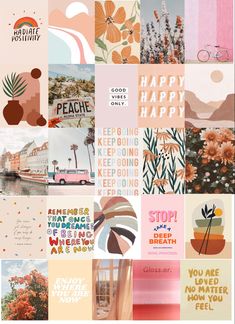 a collage of different images with the words happy, happiness and flowers on them