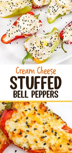 this is an image of cream cheese stuffed bell peppers on a plate with text overlay