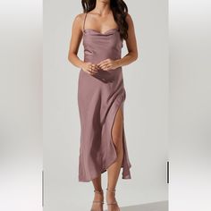 New With Tags Color: Mauve Size: S Chic Mauve Dress For Date Night, Purple Satin Maxi Dress For Night Out, Purple Satin Midi Dress For Cocktail, Fitted Purple Midi Bridesmaid Dress, Fitted Purple Bridesmaid Midi Dress, Chic Fitted Mauve Maxi Dress, Elegant Mauve Midi Dress For Party, Chic Mauve Maxi Dress For Parties, Purple Sleeveless Midi Dress For Bridesmaid