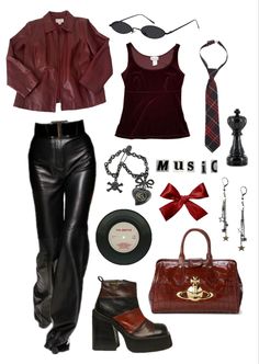 Red Rockstar Outfit, Wine Red Outfit Ideas, Red Grunge Aesthetic Outfits, Burgundy And Black Outfit, Red And Black Clothes, Red Grunge Outfit, Red Goth Outfits, Y2k Alternative Fashion, Nana Clothes