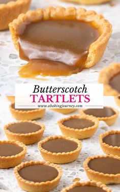 butterscotch tartles on a table with chocolate and caramel in the background