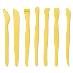 six yellow toothbrushes lined up in a row