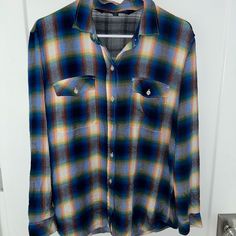 Beautiful Women's Gap Pendleton Plaid Flannel Shirt New Without Tags Sz L Very Soft 100% Rayon Viscose In A Gorgeous Royal Blue, Green, Dark Blue, Orange, Golden Yellow And Soft White Plaid Flap Covered And Buttoned Pockets All Measurements Are Approximate And Taken Across In Inches Length: 28 Top Of Shoulder To Hem Bust: 22.25 Across Underarms Questions?? Please Message Me From A Clean, Smoke Free Home Blue Relaxed Fit Button-up Flannel Shirt, Gap Relaxed Fit Shirt For Fall, Blue Flannel Shirt With Relaxed Fit, Blue Relaxed Fit Shirt By Gap, Blue Relaxed Fit Gap Shirt, Gap Blue Relaxed Fit Shirt, Gap Tops With Button Closure And Spread Collar, Gap Blue Shirt Relaxed Fit, Gap Top With Button Closure And Spread Collar