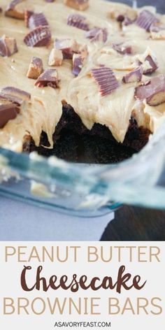 peanut butter cheesecake brownie bars in a glass baking dish with text overlay