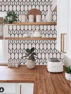 a kitchen with black and white wallpaper, wooden counter tops and shelves filled with plants