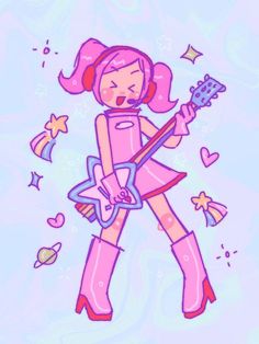 a drawing of a girl with pink hair holding a guitar in her hand and singing into the microphone