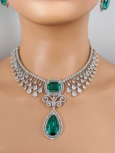 In choosing this Rama Green American Diamond Necklace, you're not just acquiring a piece of jewelry; you're embracing a handcrafted treasure that stands out for its unique design and quality materials. The rhodium-plated necklace has an adjustable chain closure.  Arrives in a gift box. Please let me know if you have any questions. Thank you so much for visiting my shop. Color, shades, and texture displayed may slightly vary from the actual product due to digital image limitations. We request you to consider these minor variations. Please expect the possibility of some slight imperfections when buying handmade jewelry. If you have any questions, please contact us. Cz Stone Necklace, Indian Diamond Jewellery, Beautiful Anklet, American Diamond Necklaces, Tiffany Necklace, Stones Necklace, San Ramon, Necklace Elegant, Tiffany Jewelry