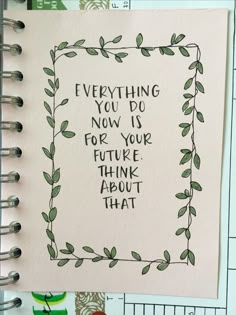 a notepad with writing on it that says everything you do now is for your future think about that