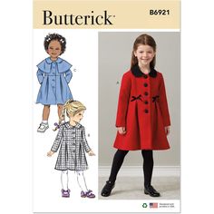 Girls Coat.Butterick Sewing Pattern 6921.Classic and sophisticated button front coat has peter pan collar, side pockets, side front princess seams, and waist seam with front and centre back pleats. Coat A has contrast collar, buttons and bow details. Coat C features a capelet.Recommended fabricsWool Blends, Tweed, Gabardine, Denim, Corduroy. Contrast A also in Velvet, Satin, Lining: Lining Fabrics. Interfacing: Lightweight Fusible. Sewing Templates, Coat Pattern Sewing, Childrens Sewing Patterns, Butterick Pattern, Butterick Sewing Pattern, Kids Wardrobe, Sewing Patterns For Kids, Classic Coats, Coat Patterns