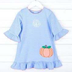 Make pumpkin season fun with this Pumpkin Blue Stripe Milly Dress. This blue stripe Milly-style dress is designed with 3/4 sleeves and a lovely pumpkin appliqué. It's perfect for playtime and your next adventure to the pumpkin patch. Add a monogram to personalize the look! Pumpkin Applique, Milly Dress, A Monogram, Pumpkin Season, Pumpkin Seasoning, Mommy And Me, Pumpkin Patch, Style Dress, Blue Stripes