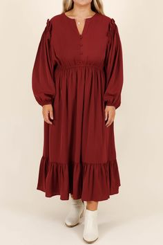 Make a statement in this beautiful dress! Its flowy fit, bold burgundy color, and bubble sleeves are perfect for any casual occasion! Its timeless style will have all eyes on you! Style this beauty with some cute accessories and booties for an unforgettable look! 100% High Elastic Filament Casual Long Sleeve Burgundy Dress, Fall Dresses With Gathered Sleeves, Mini Length, Red 3/4 Sleeve Midi Dress For Fall, Marroon Maternity Dress, Burgundy Color, Model Fits, All About Eyes, Affordable Fashion, Timeless Fashion