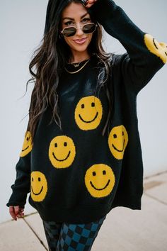 LALA ORIGINAL DESIGN: Have Fun Oversized Smiley Knit – Dressed In LALA Playful Black Winter Sweater, Cute Yellow Long Sleeve Sweater, Fun Yellow Tops For Fall, Fun Yellow Fall Tops, Casual Winter Tops With Smiley Face, Casual Smiley Face Winter Tops, Cute Oversized Sweater For Loungewear, Fun Oversized Winter Sweater, Yellow Winter Sweater For Loungewear