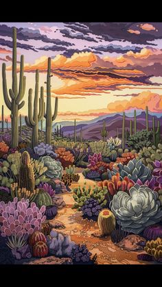 a painting of a desert scene with cacti and succulents