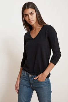 BLAIRE ORIGINAL SLUB TEE – Velvet by Graham & Spencer Ribbed Hoodie, Velvet Tees, Popover Shirt, Pencil Skirts, V Neck Tops, V Neck Tee, Wear It, Black Tee, Womens Tees