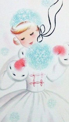 a painting of a girl in a white dress with snowflakes on her head