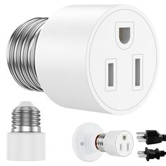 an electric outlet with multiple plugs and wires attached to it, including two white outlets