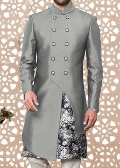 Fitted Kurta With Naqshi For Transitional Season, Silver Kurta For Wedding And Festivals, Designer Fitted Sherwani With Pallu, Silver Designer Traditional Wear For Eid, Designer Silver Traditional Wear For Eid, Silver Sherwani For Wedding And Eid, Designer Wedding Salwar Kameez For Diwali, Ceremonial Fitted Sherwani Straight Kurta, Designer Fitted Salwar Kameez With Zari Work