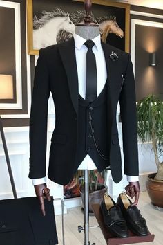 Goddard Black Peaked Lapel Three Pieces Formal Business Suits Wedding Suits Men Black, Blazer Waistcoat, Suit Styles, Men's Business Suits, Suits Men Business, Business Suits, Dress Suits For Men, Prom Suits, Slim Fit Suits