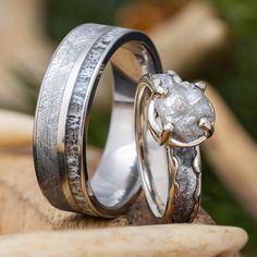 Matching His and Hers Meteorite Ring Set His And Her Ring Set, His And Her Rings Wedding, Nordic Engagement Ring, Men’s Wedding Bands Meteorite, Dream Jewelry Rings, Unique Wedding Rings White Gold, Cowgirl Wedding Ring, Engagement And Wedding Ring Sets Unique, Country Wedding Bands