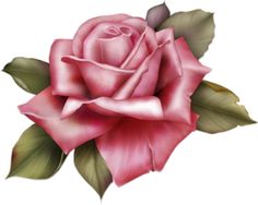 a drawing of a pink rose with green leaves