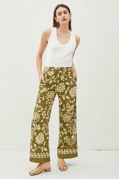 Moss Floral Printed Elastic Waistband Wide Leg Pants Style Wide Leg Pants