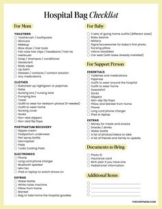 a printable hospital bag checklist with the words, tips and instructions on it