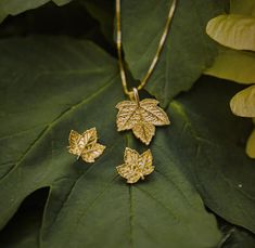 Delicate, Sensual Set with Sycamore Maple Leaves, made of 925 Silver plated with 18-karat gold. Perfect for nature lovers. I designed this spectacular set with attention to the smallest details: the shape, the edge of the leaf blade, and the veins of the sycamore maple leaf. This is an original design, started by studying the morphology of this beautiful leaf. Each element is made of 925 silver coated with 18-karat gold and protected with an additional layer to prevent tarnishing and discolorati Nature-inspired Yellow Gold Jewelry With Matching Earrings, Nature-inspired Yellow Gold Nickel-free Jewelry, Nature-inspired Gold Jewelry With Matching Earrings, Formal Yellow Gold Leaf Jewelry, Leaf-shaped Jewelry Gift, Anniversary Yellow Gold Leaf Jewelry, Leaf-shaped Jewelry With Matching Earrings For Gift, Leaf-shaped Sterling Silver Jewelry For Anniversary, Leaf-shaped Jewelry With Matching Earrings