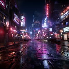 a city street at night in the rain with neon signs and buildings lit up by lights