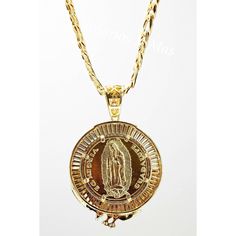 "Centenario de San Judas y Virgen De Guadalupe con cadena de 26\" Doble Cara - San Judas en Frente y Virgen De Guadalupe en el otro lado Incluye cadena de 26\" de Oro Laminado sobro Acero Es de 24K Oro Laminado CentenarioMide 3 1/4\" Cadena Mide 26\" y 10 mm de gruesa Beautiful St Jude and Our Lady of Guadalupe Pendant with 26\" Necklace Double Face - St Jude on one side and Our Lady of Guadalupe on the other side Includes a 26\" Gold Plated over Stainless Steel Necklace 24K Gold Plated Pendant Gold Our Lady Of Guadalupe Medallion Necklace, Gold Medallion Necklace With Our Lady Of Guadalupe, Gold Medallion Necklace Of Our Lady Of Guadalupe, Gold Our Lady Of Guadalupe Medallion, One Side, Our Lady Of Guadalupe, Lady Of Guadalupe, St Jude, Rose Pendant