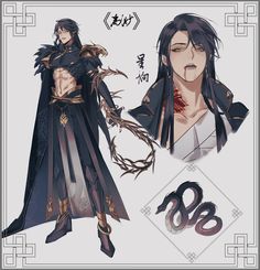 an anime character with long hair and black clothes, holding a snake in his hand