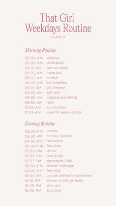 That Girl • Weekdays Routine Planner That Girl • Weekend Routine Planner Transform your weekends with "That Girl • Weekdays Routine Planner"! 🌸✨ Plan your days with self-care, productivity, and relaxation tips. Be the best version of Being That Girl Routine, Self Care Day Plan, Weekday Night Routine, Morning Planning Routine, Best Morning Routine Every Day, Things To Be Productive, Day Time Routine, A Productive Day Routine, Cute Morning Routine List