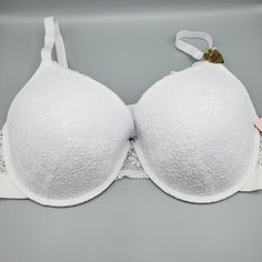 Juicy Couture Sexy Push Up 38dd Bra Under Wire All White Lace Adjustable Straps White Padded Underwire Bra, Elegant White Nursing Bra With Medium Support, Padded Underwire White Nursing Bra, White Padded Underwire Nursing Bra, Party Bra With Removable Pads In White, White Party Bra With Removable Pads, Elegant White Stretch Nursing Bra, White Underwire Bra With Lined Body, White Padded Push-up Bra