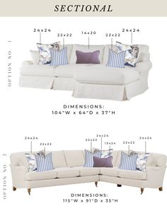 the sectional couch is shown with measurements for each seat and back cushions, along with other furniture