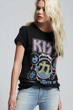 Here's a band tee for everybody out there. The shirt features the iconic group KISS from their 1988 Crazy Nights Tour. The KISS Crazy Nights ‘88 tee is made with a 100% soft cotton fabric, a ribbed crew neckline, slightly cuffed sleeves, and distressed edges. The design of this style is fitted. For a more standard fit, choose a size up. Details Style #301699 Color: Black Vintage Inspired KISS Crazy Nights ‘88 Tour Fitted T-Shirt 100% Cotton Care/Import Machine Wash Cold, Tumble Dry Low Designed Kiss Crazy Nights, Crazy Night, The Kiss, Black Vintage, Band Tees, Cuff Sleeves, Crew Neckline, Vintage Inspired, Cotton Fabric